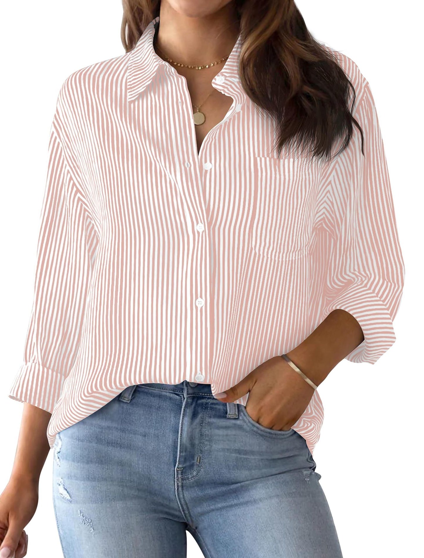 Women's button-down shirt striped classic long sleeve collar office work shirt top with pockets