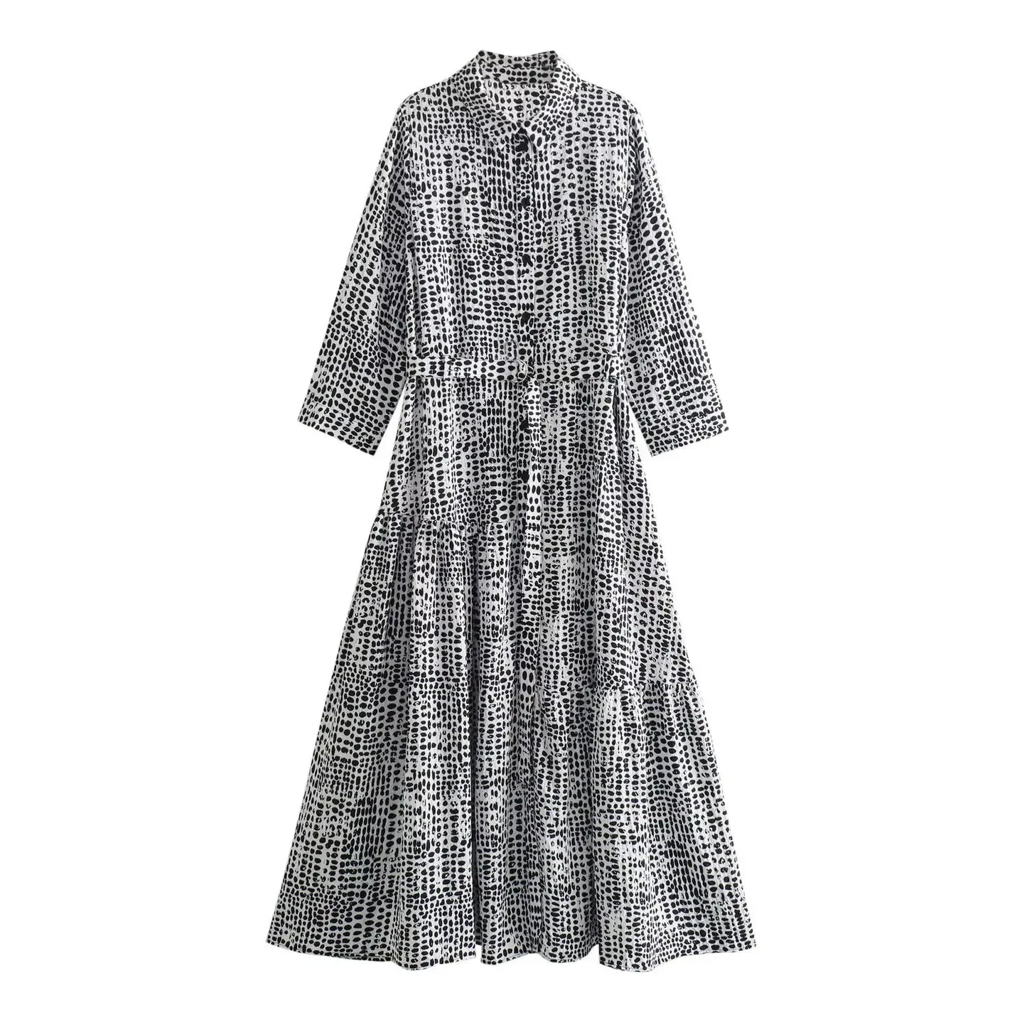 2024 Spring New Europe and America cross border Women's temperament light mature casual polo collar long sleeve printed shirt dress