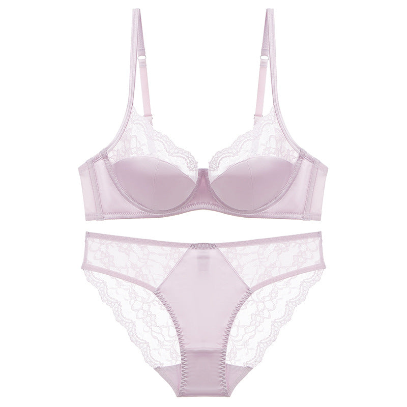 Cross-border sexy underwear women's French thin satin stitching lace underwear big chest small anti-SAG bra suit