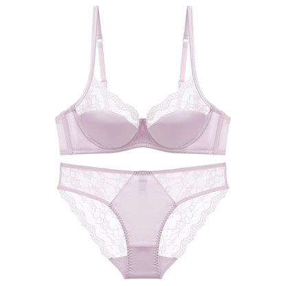 Cross-border sexy underwear women's French thin satin stitching lace underwear big chest small anti-SAG bra suit