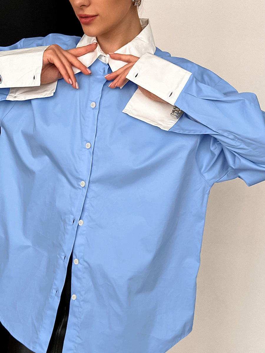 Blue and White Women's Shirt Fall New French Collar Cotton Long Sleeve |blouses,tops