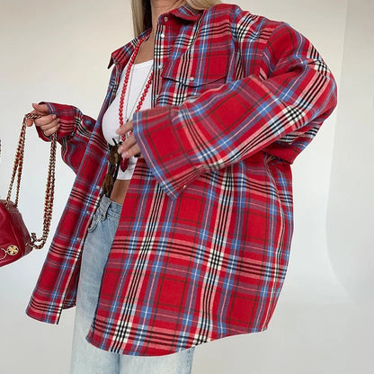 European and American 2024 autumn Amazon cross-border retro style all-matching lapel loose shirt Plaid long sleeve women's shirt