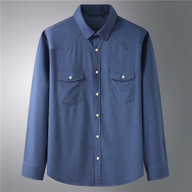 Plus size men's stretch Denim long-sleeved shirt fat guy Spring and Autumn new casual stylish multi-pocket shirt fat guy fashion