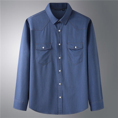 Plus size men's stretch Denim long-sleeved shirt fat guy Spring and Autumn new casual stylish multi-pocket shirt fat guy fashion
