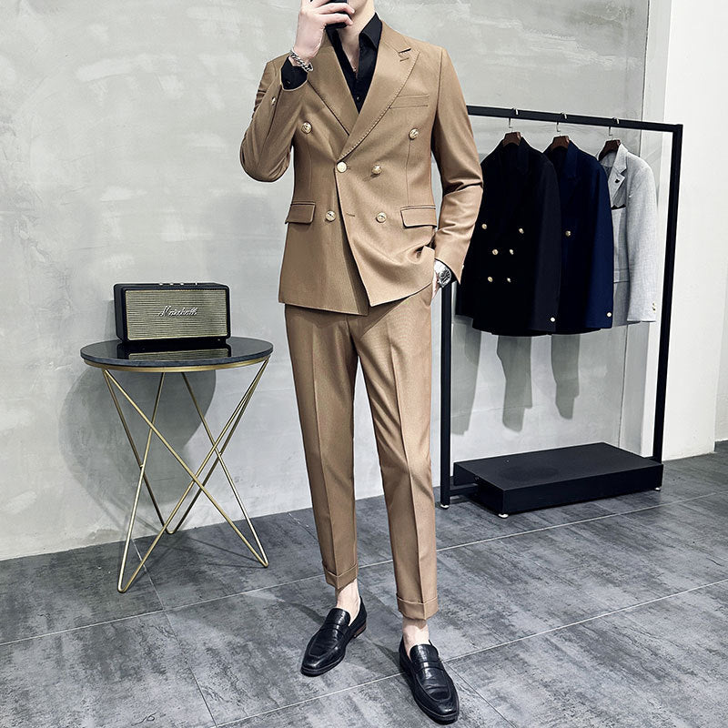 High-end double-breasted suit suit men's youth casual business closure collar temperament host suit two-piece suit