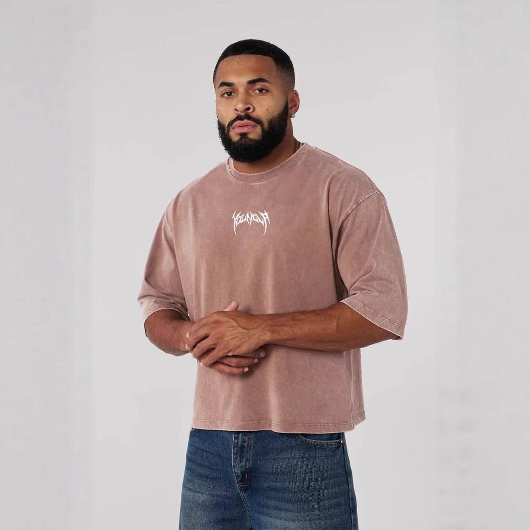 YOUNGLA American fashion brand men's T-shirt heavy cotton washed distressed printed casual round neck short sleeves top