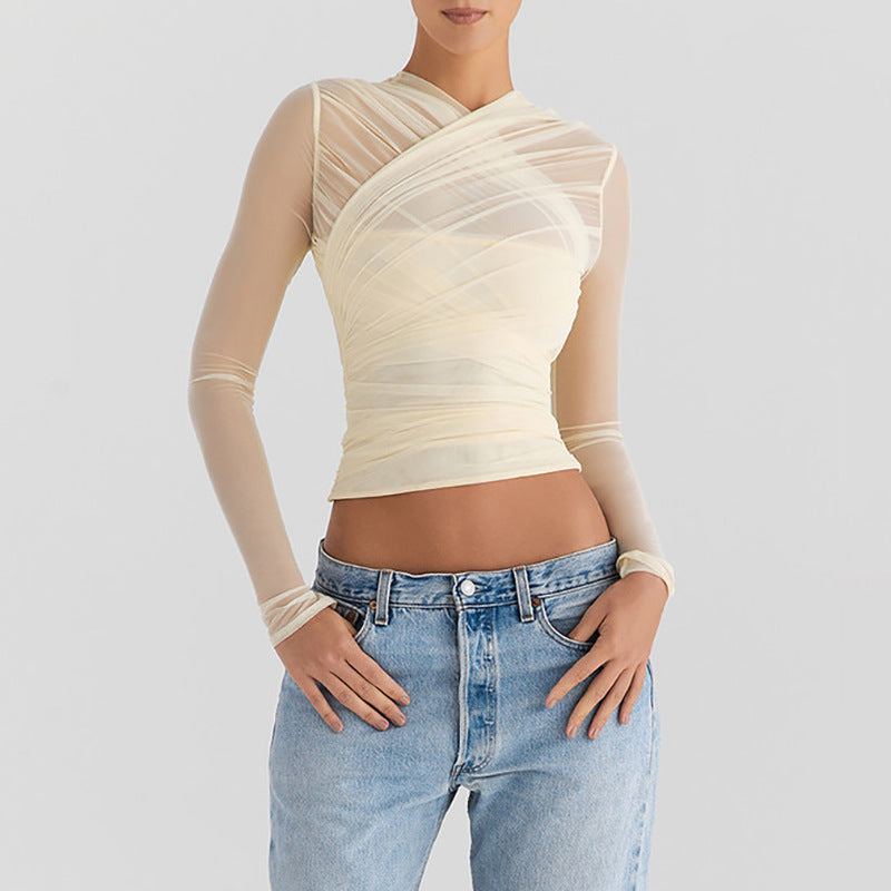 New Autumn Winter Cross Back Zipper Mesh Long Sleeve Top