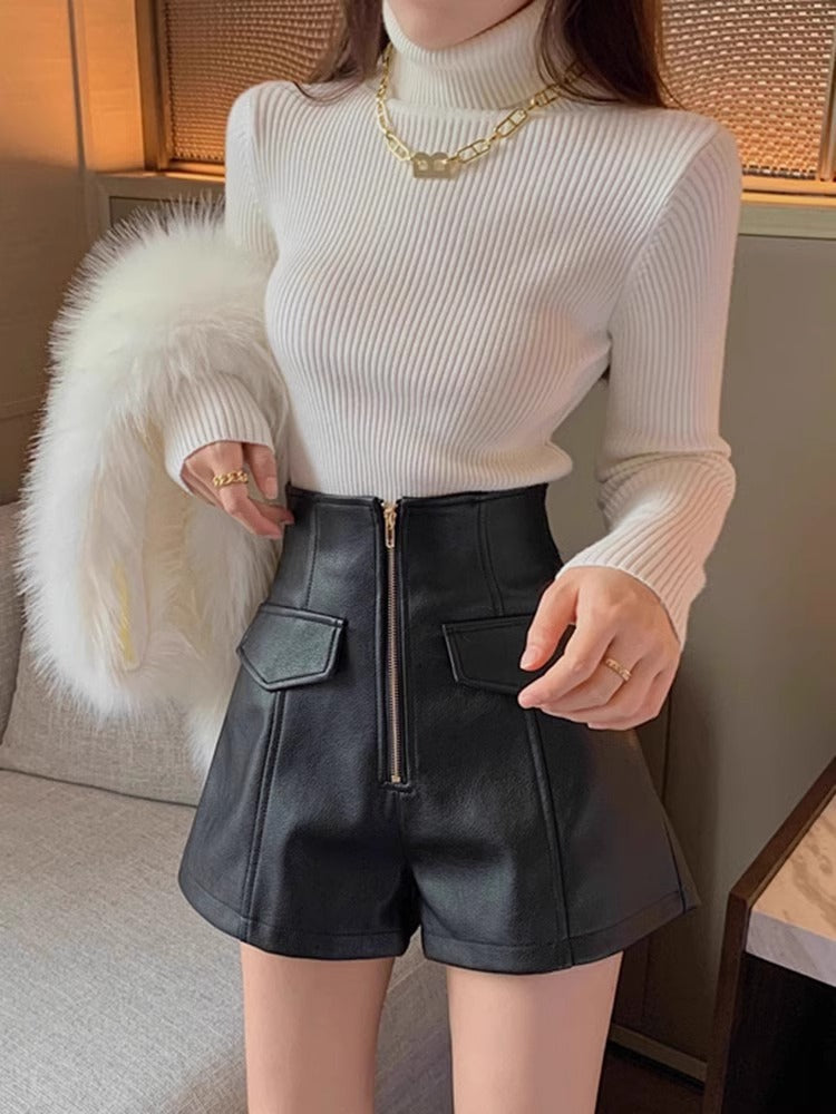 2023 autumn and winter New PU leather shorts women's high waist slimming sense of design zipper A- line pants fashion Korean style boot pants