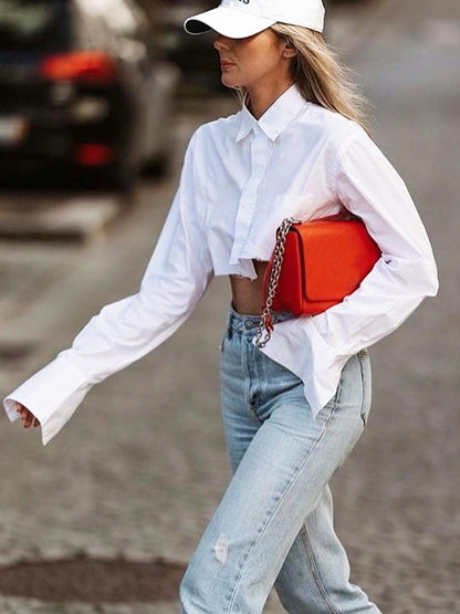 Summer Cotton Short Women's Shirt Asymmetric Design White Long Sleeve |blouses,tops