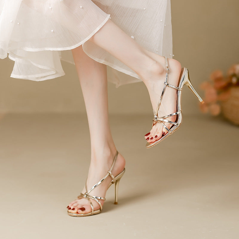 Silver lace-up high heels women's 2025 new summer ankle-strap stilettos elegant ladies sandals