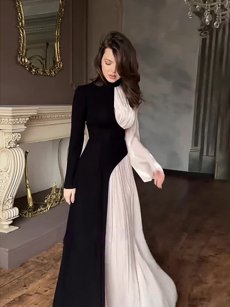 Amazon 2024 Europe and America cross border irregular color contrast patchwork dress high waist pleated slingback long dress for women