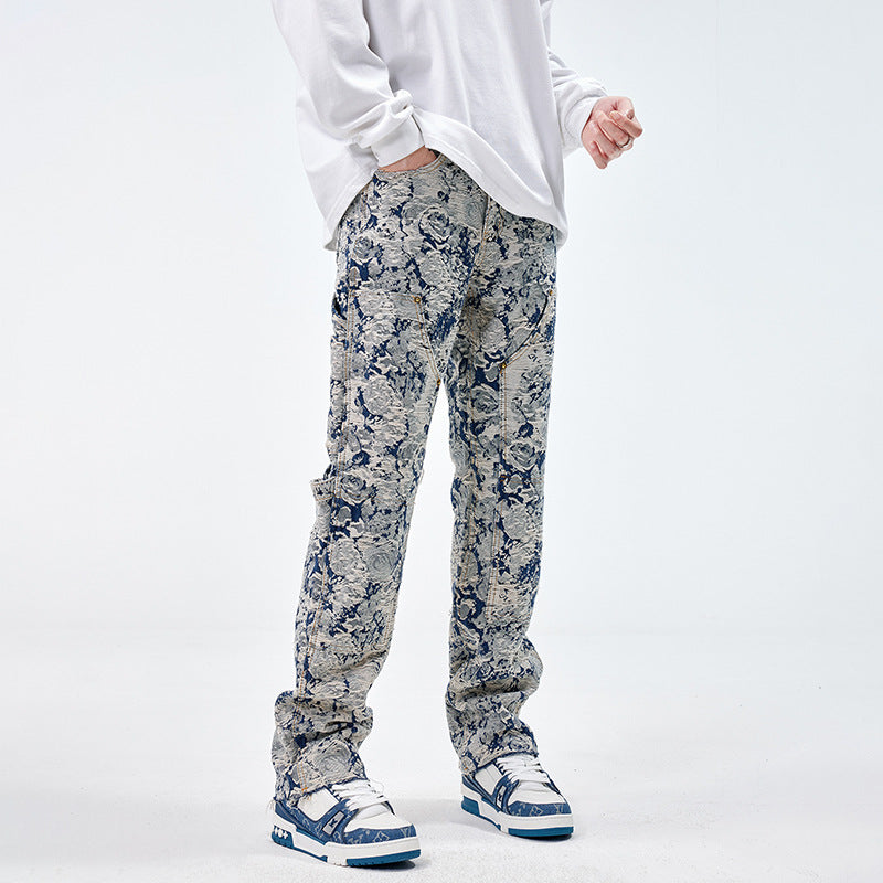*** Design sense niche jeans men fashion brands jacquard loose hole straight autumn and winter high-end jacquard pants