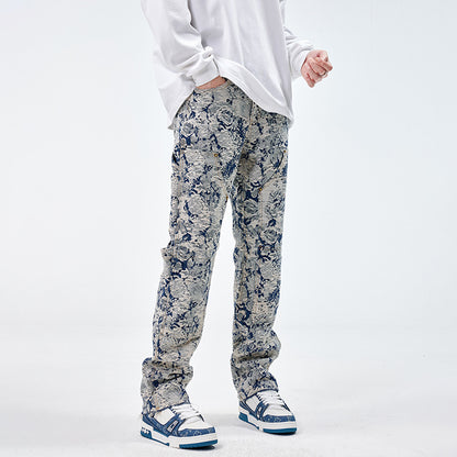 *** Design sense niche jeans men fashion brands jacquard loose hole straight autumn and winter high-end jacquard pants