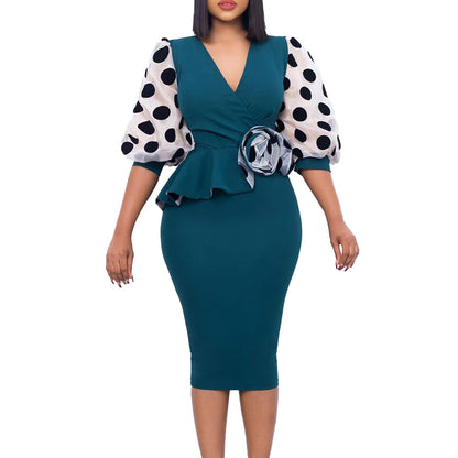D3166 Amazon foreign trade plus size women's clothing 2022 new fashion dot mesh v-neck patchwork European and American style dress
