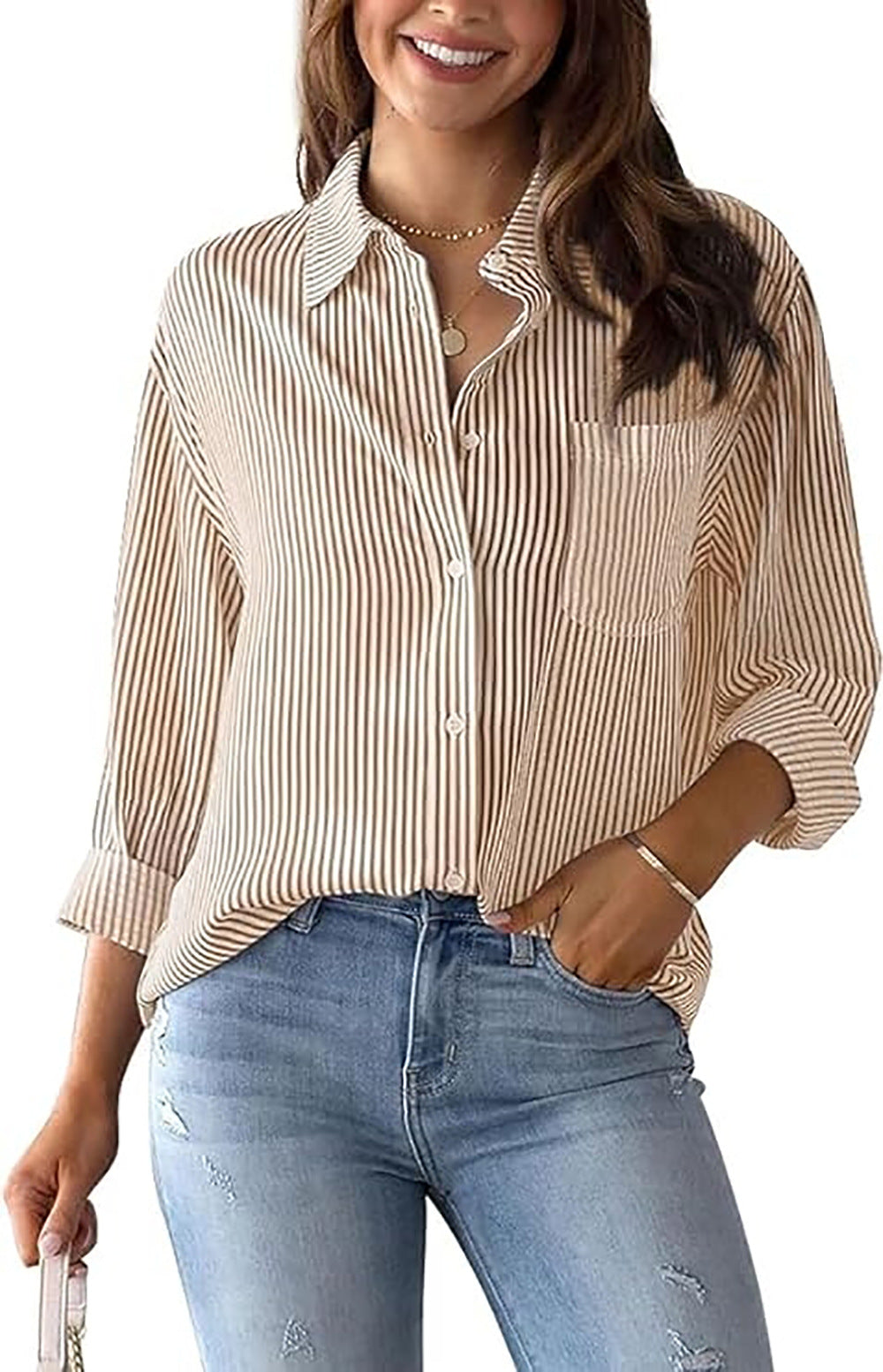 Women's button-down shirt striped classic long sleeve collar office work shirt top with pockets