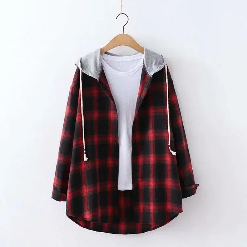 2025 women's new Korean style hooded bf loose plaid long sleeve blouse Harajuku students shirt coat