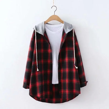 2025 women's new Korean style hooded bf loose plaid long sleeve blouse Harajuku students shirt coat