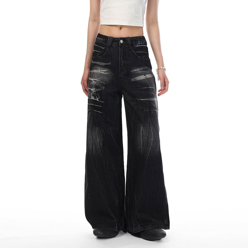 American special-interest design jeans women's spring and autumn 2024 New washed distressed couple lightning pattern wide leg trousers