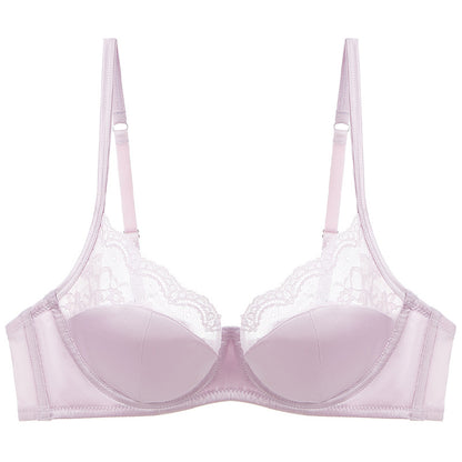 Cross-border sexy underwear women's French thin satin stitching lace underwear big chest small anti-SAG bra suit