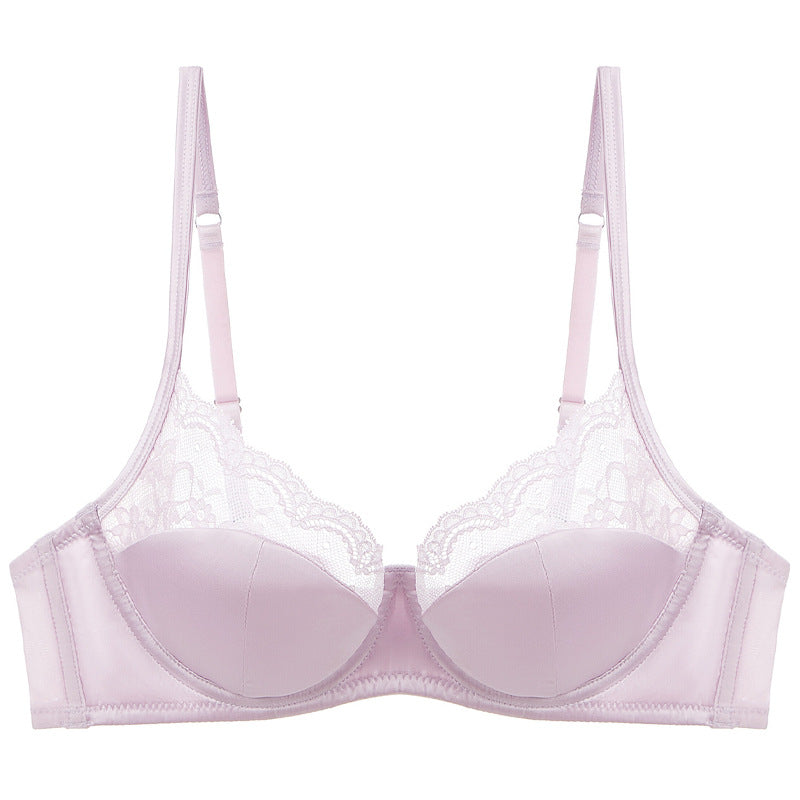 Cross-border sexy underwear women's French thin satin stitching lace underwear big chest small anti-SAG bra suit