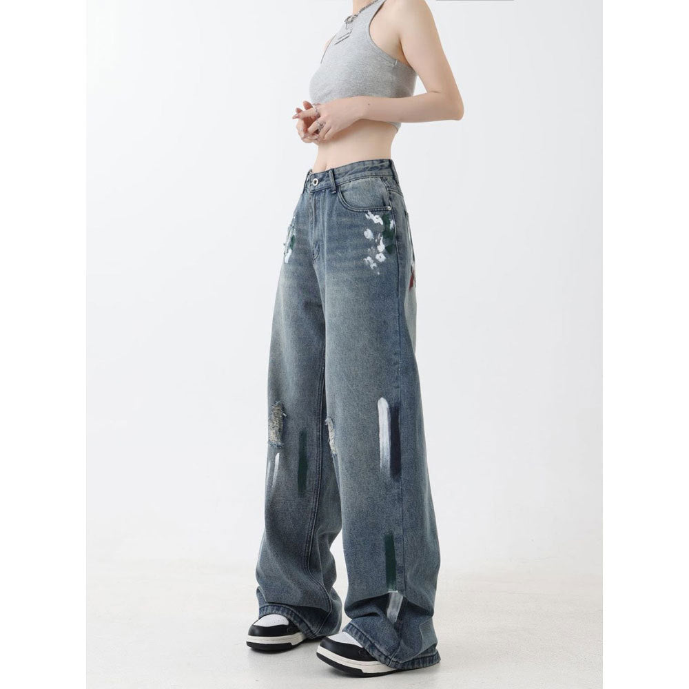 American retro splash-ink design ripped straight jeans women's summer loose High Street casual all-matching long pants