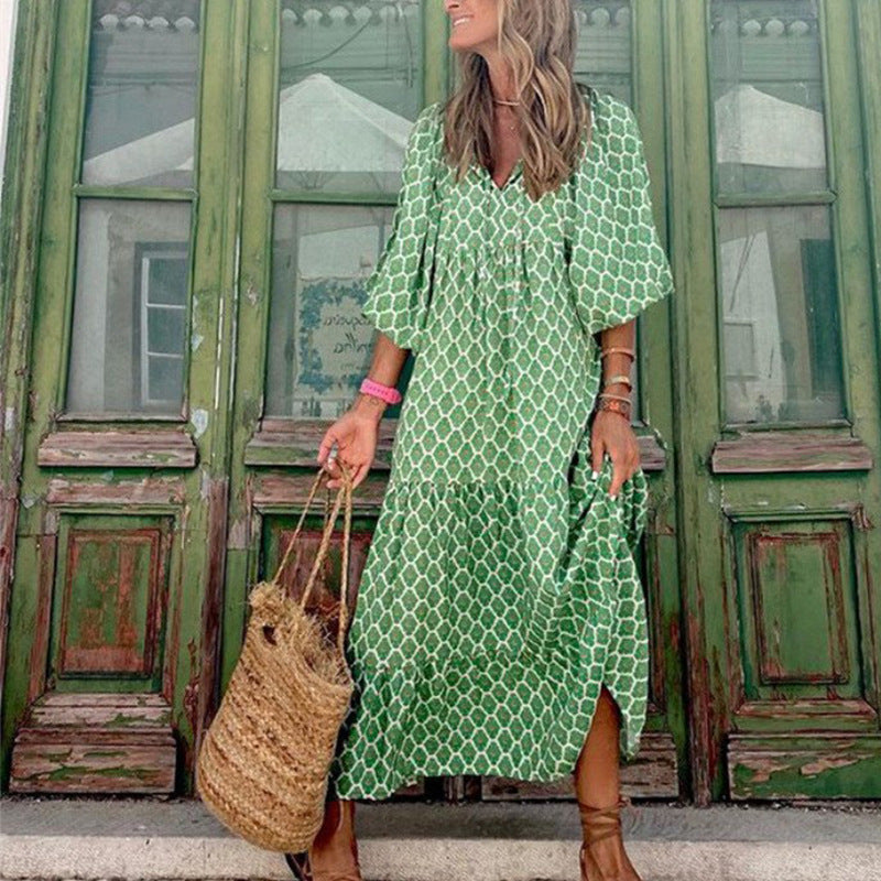 Spring and Autumn European and American new geometric collage puff sleeve dress female street fried street plus size women's dress