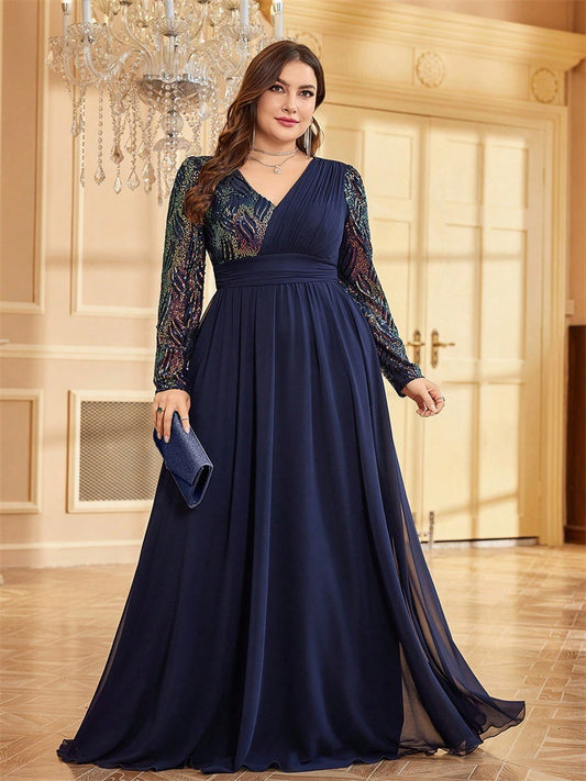 Plus size elegante lange avondjurk met V-hals en lange mouwen met kleurrijke lovertjes en kraaltjes