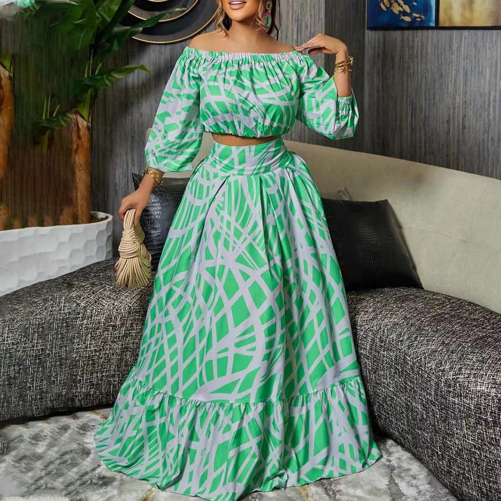 Cross-border 2025 spring new Amazon plus size women's elegant printed cross-border skirt fashion suit