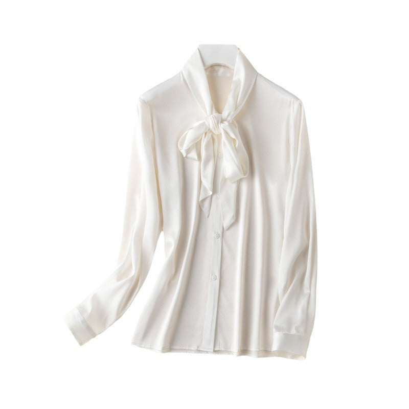 Heavy mulberry silk shirt with ribbon Women's Spring and Autumn new long sleeve bottoming V-neck bow women's silk shirt