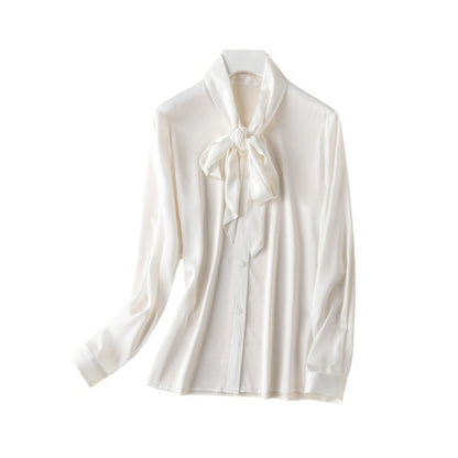 Heavy mulberry silk shirt with ribbon Women's Spring and Autumn new long sleeve bottoming V-neck bow women's silk shirt