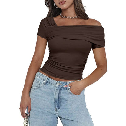 Amazon cross-border foreign trade Women's One shoulder short sleeve shirt pleated T-shirt y2g solid color slim shirt