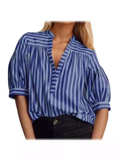 European and American Women's Casual Shirt New Style Striped V-Neck Top |tops