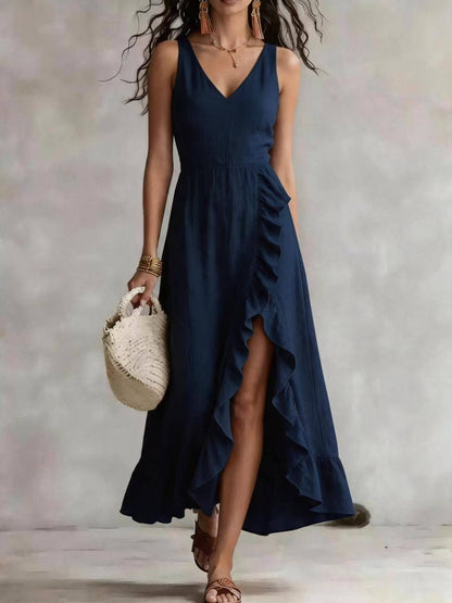 Cross-border foreign trade y2g summer women's V-neck sleeveless dress pink ruffled slit vacation style Beach maxi dress