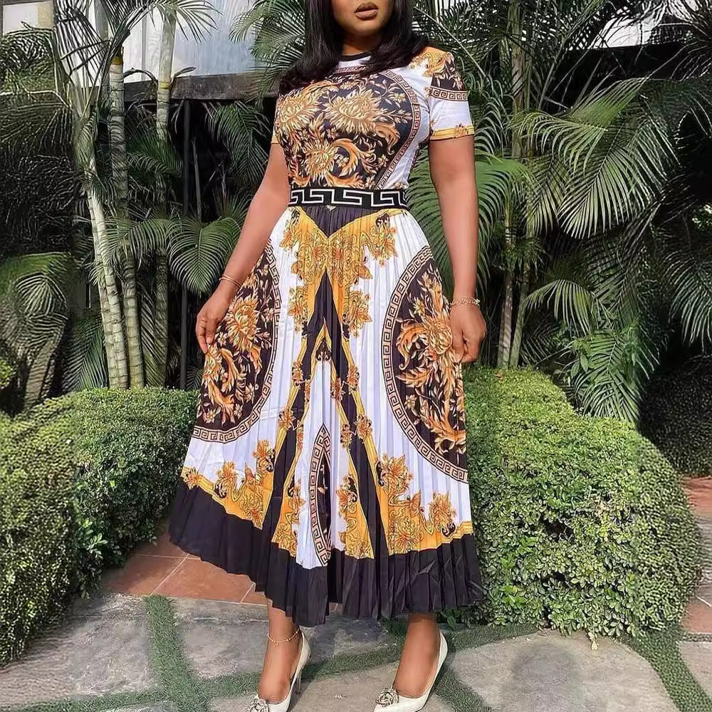 African Plus Size High Waist Short Sleeve Print Pleated Dress