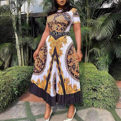 African Plus Size High Waist Short Sleeve Print Pleated Dress