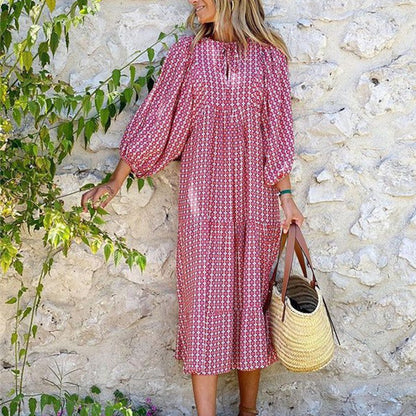 Spring and Autumn European and American new geometric collage puff sleeve dress female street fried street plus size women's dress