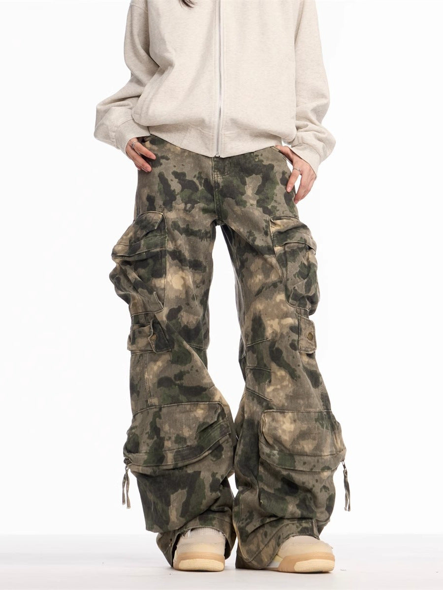 Spring and Autumn New American retro heavy industry camouflage loose trousers multi-pocket design sense wide-leg overalls men's fashion
