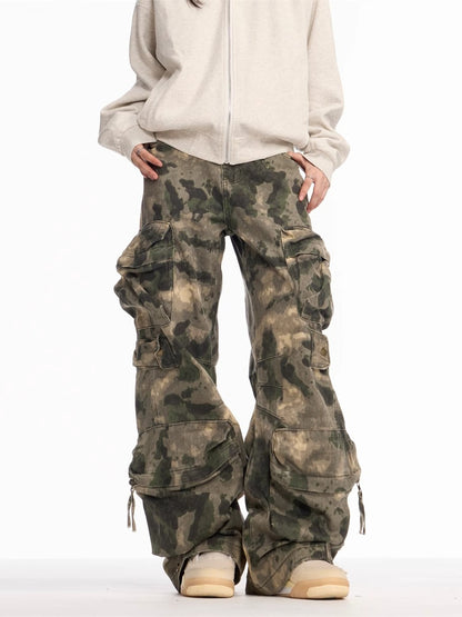 Spring and Autumn New American retro heavy industry camouflage loose trousers multi-pocket design sense wide-leg overalls men's fashion