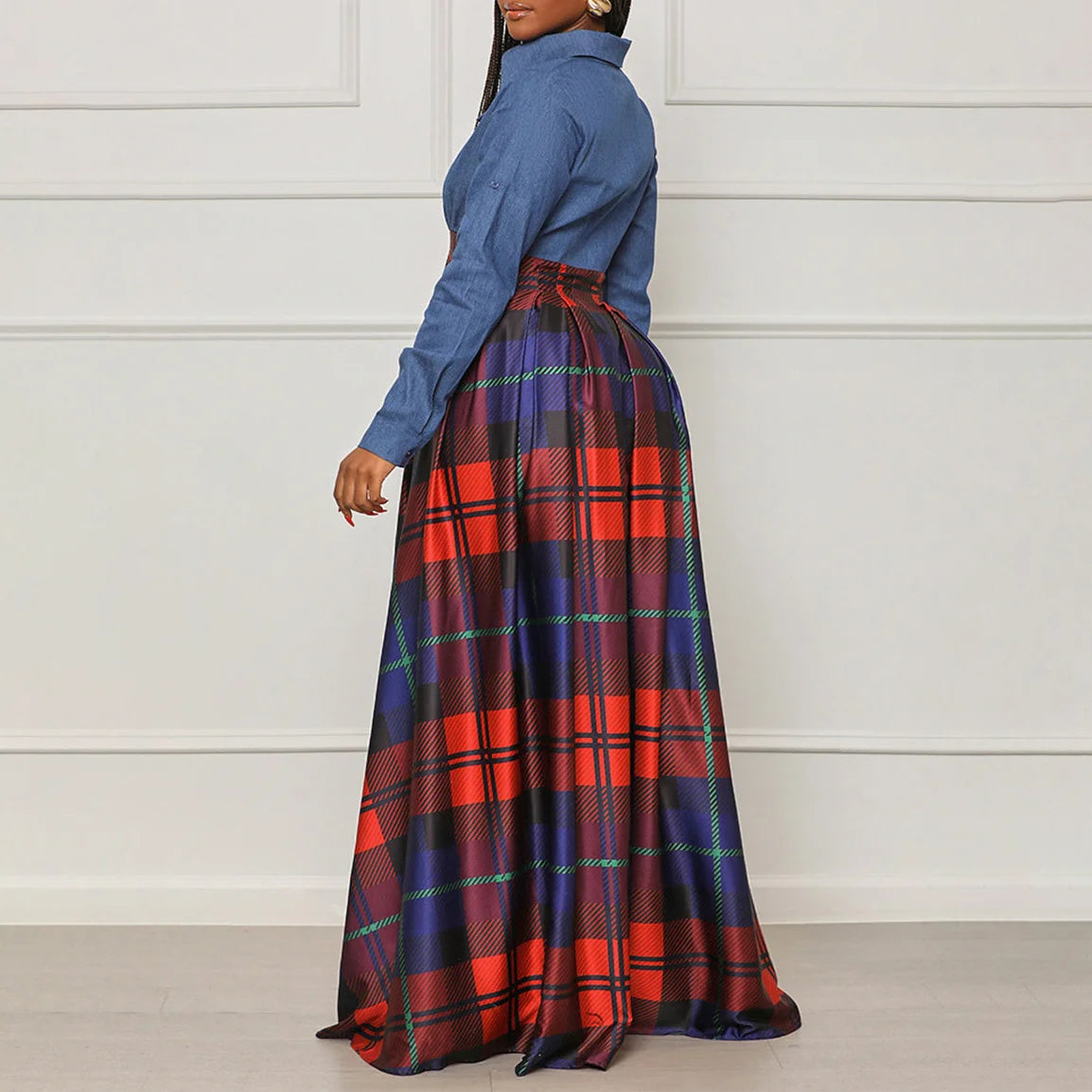 European and American fashion women's wear plus size spring temperament Denim stitching printing Plaid long dress lapel dress foreign trade dress