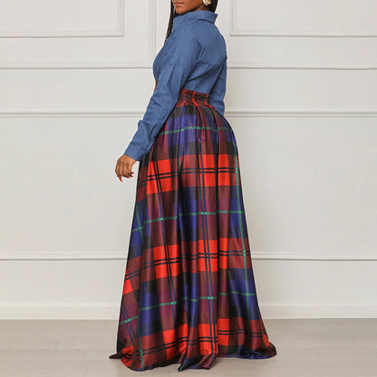European and American fashion women's wear plus size spring temperament Denim stitching printing Plaid long dress lapel dress foreign trade dress