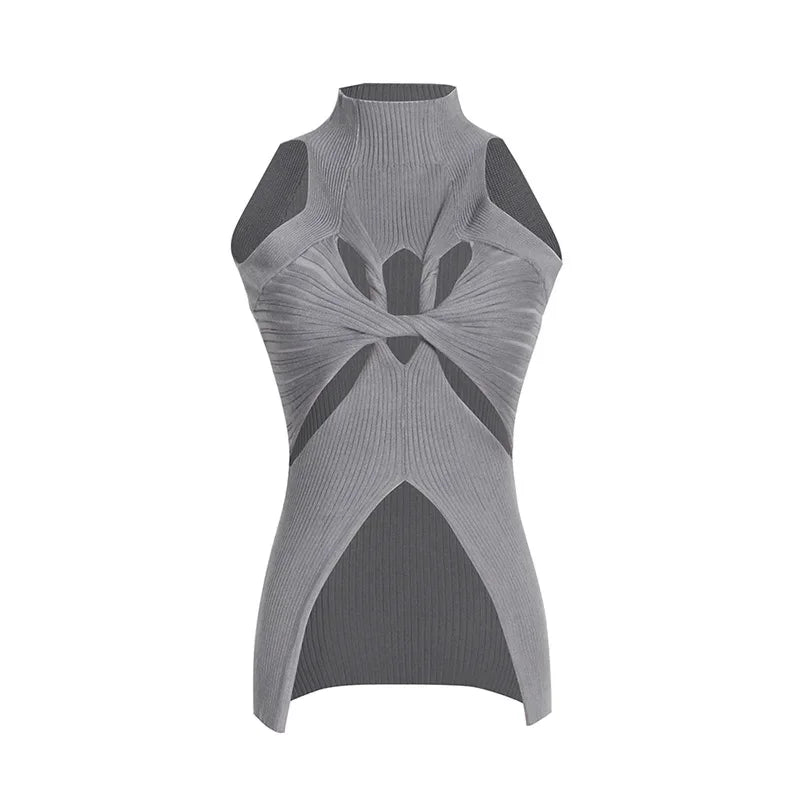 European and American 2025 spring new high neck sleeveless irregular with personality hollow design high-grade women's knitted vest