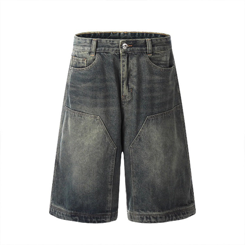 American retro Street washed Denim shorts men and women loose casual straight-leg wide leg fashion brand all-matching capri pants
