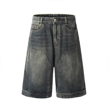 American retro Street washed Denim shorts men and women loose casual straight-leg wide leg fashion brand all-matching capri pants