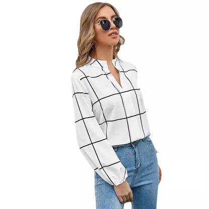 Amazon Autumn Stand Collar Long Sleeve Plaid Print Chiffon Women's Shirt |blouses,tops