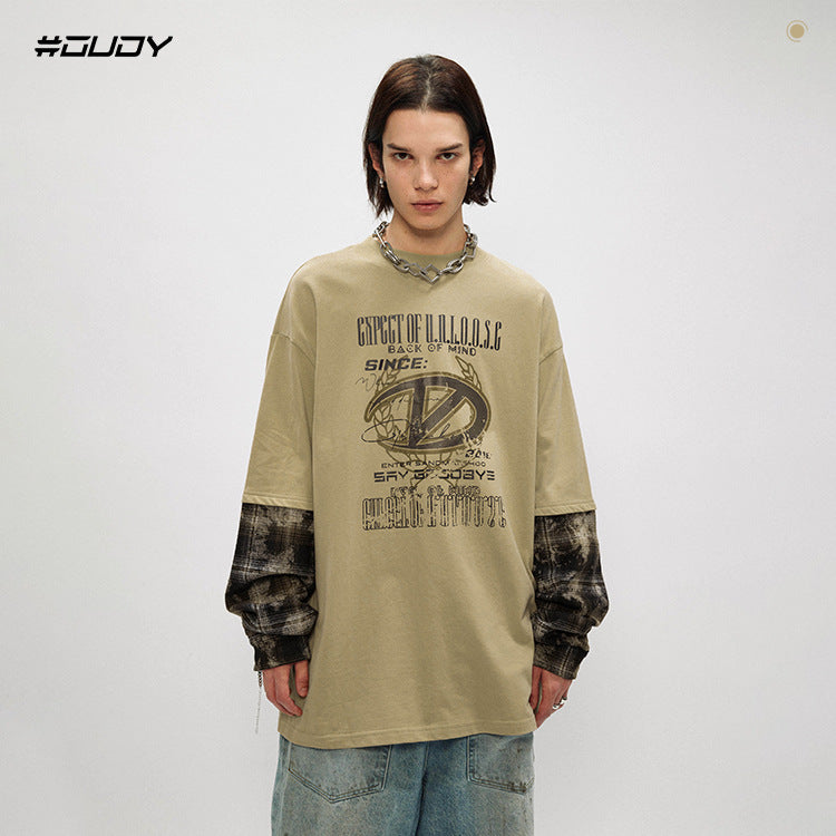 # OVDY autumn and winter new fake two men camouflage stitching Maillard style loose round neck pure cotton tops