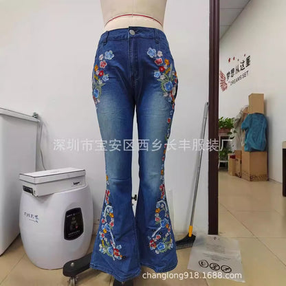 Europe and America cross border new embroidered slim fit slim flare pants jeans trousers for women AliExpress Amazon hot sale