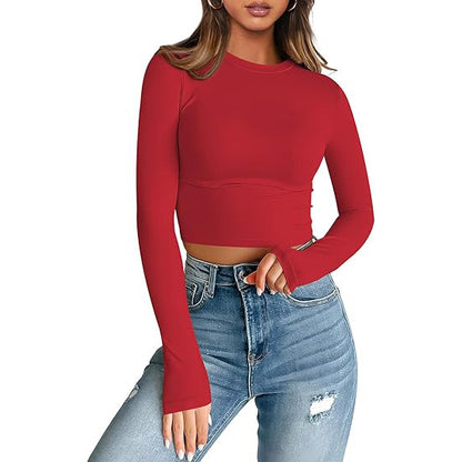 European and American style women long sleeves cropped T-shirt autumn top fashion basic slim hot girl shirt milk Silk women's clothing