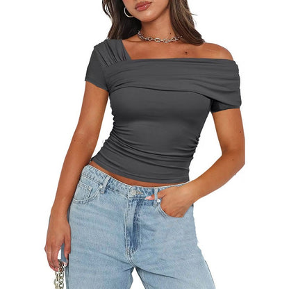 Amazon cross-border foreign trade Women's One shoulder short sleeve shirt pleated T-shirt y2g solid color slim shirt
