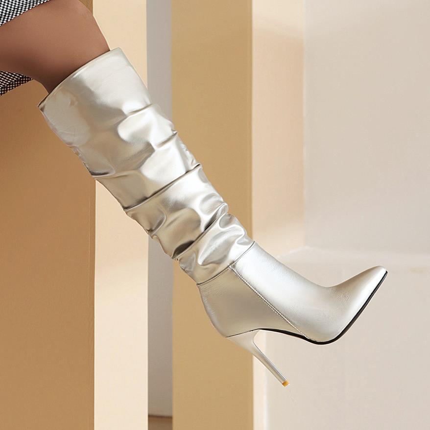 European and American style 2021 Spring and Autumn New stiletto gold silver boots high leg boot plus size women's boots 41 size