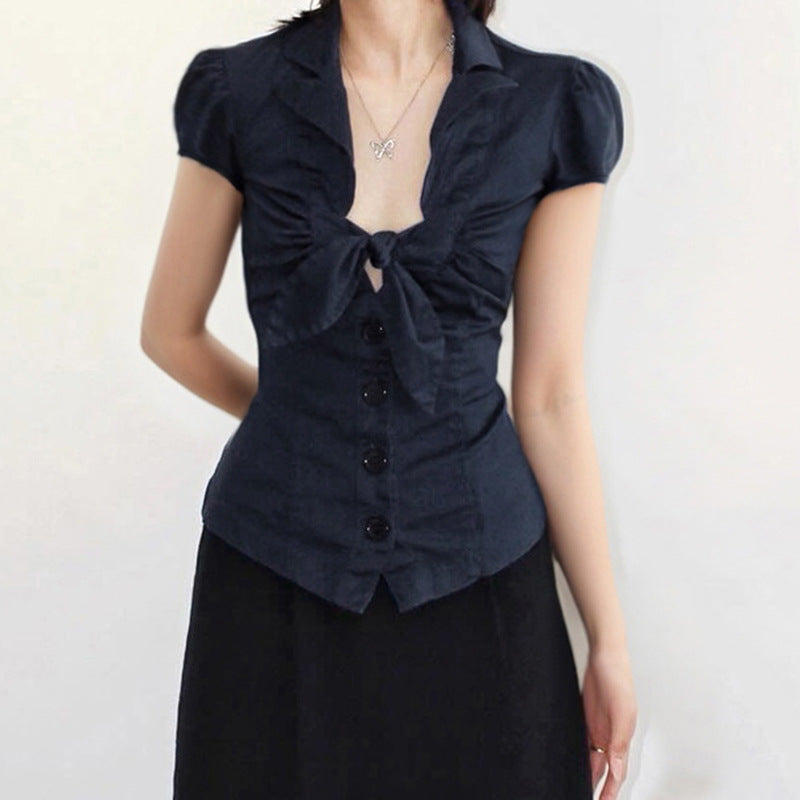 BM French style doll collar shirt for women 2025 summer Spring Autumn new design sense niche slim fit slimming short sleeve shirt